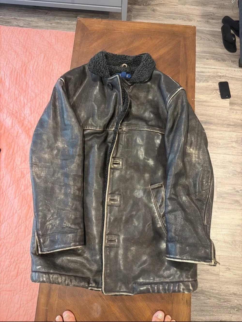 J. Crew Men's Black Leather Bomber with Shearling Lining